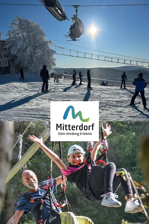 Ein Bild mit Winterlandschaft und Sessellift, ein weiteres Bild mit Erwachsener Person und Kind in einer Flyline Ein Bild mit Winterlandschaft und Sessellift, ein weiteres Bild mit Erwachsener Person und Kind in einer Flyline