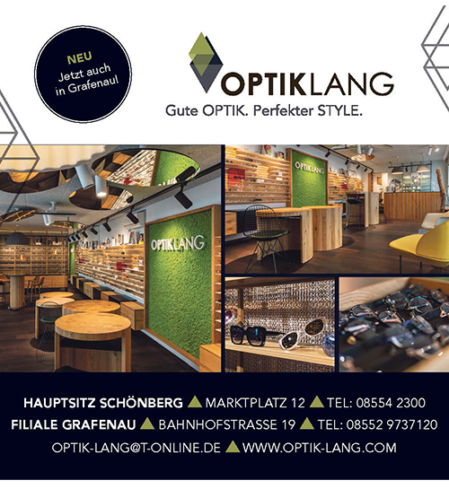 Bilder OPTIK Lang Schönberg und Grafenau mit Logo und Kontaktdaten Mehrere Bilder des Betriebs OPTIK Lang Schönberg und Grafenau sowie das Logo und Kontaktdaten