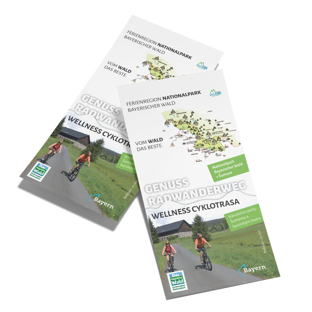 Radkarte "Genuss Radwanderweg" - Erlebe die Schönheit des Bayerwaldes beim Radfahren Zwei Radfahrer sind auf den Radkarten "Genuss Radwanderweg" zu sehen auf der böhmischen Seite.