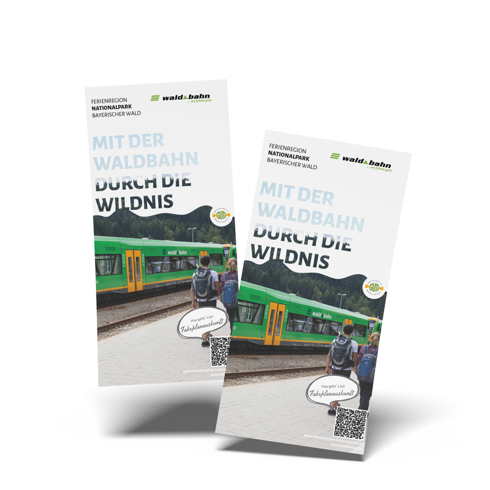 Ansicht des Deckblattes vom Zugfahrplan der Waldbahn Deckblatt vom Flyer Wandern mit Waldbahn