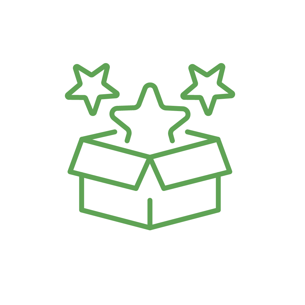 Icon in grün mit Sternen über einem geöffneten Paket Skizzierte geöffnete Box mit Sternen darüber, die benefits symbolisieren.