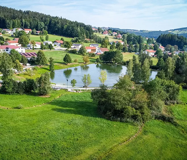 Weitläufiger Ausblick auf den Neuschönauer Landschaftsweiher und viel Grünland drumherum Landschaftsweiher Neuschönau