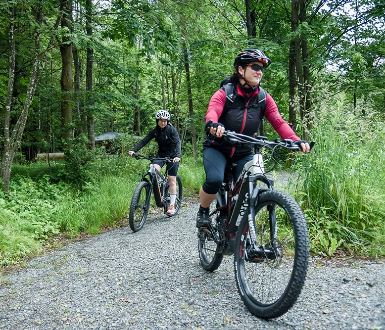 Aktive Frauen genießen Mountainbiking in der Bayerwald-Natur Zwei Radfahrerinnen fahren auf einem schmalen, kiesigen Waldweg